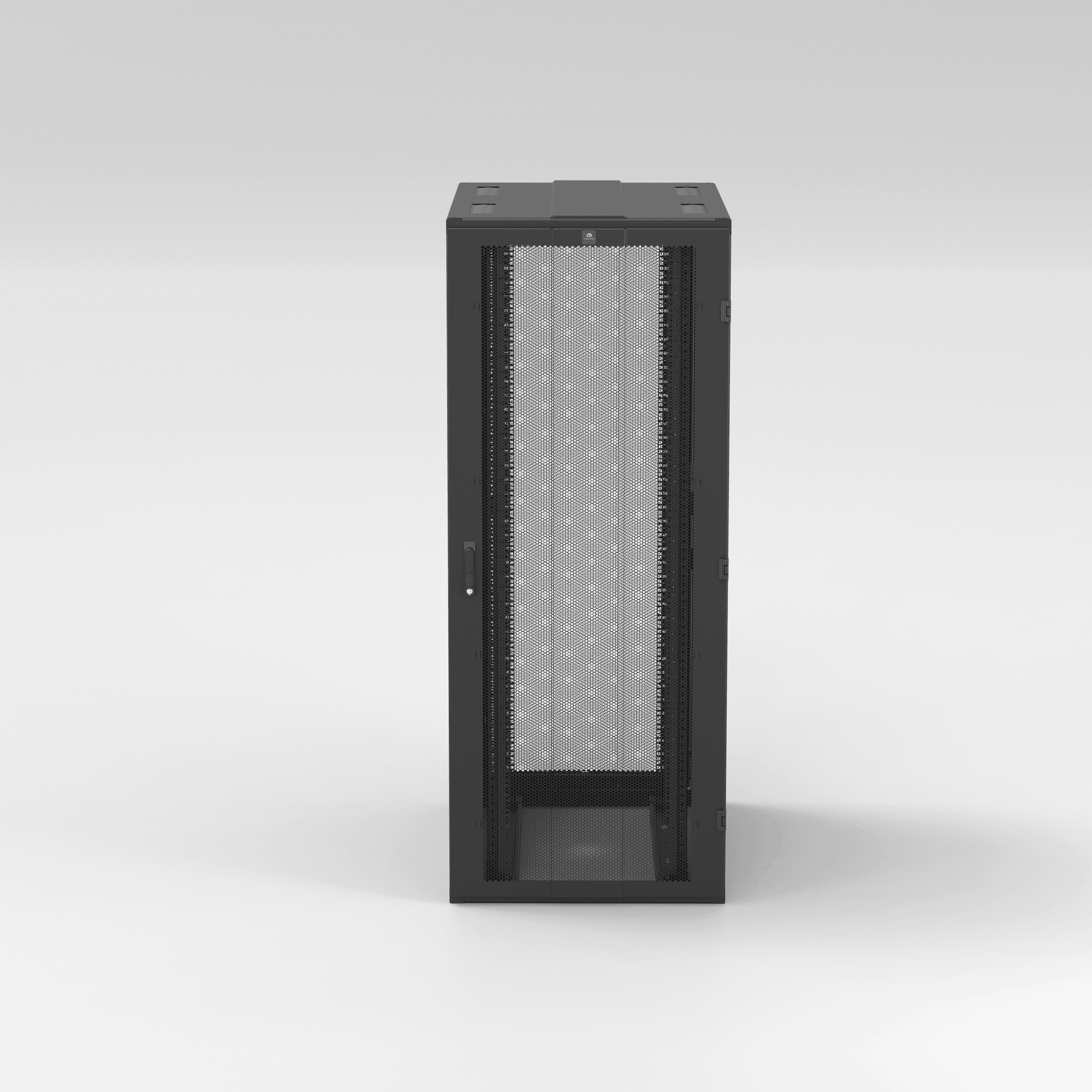 Wenvex DX-Series 19-inch 42U data-center rack, front elevation with closed 80% mesh front door and 3-point handle.
