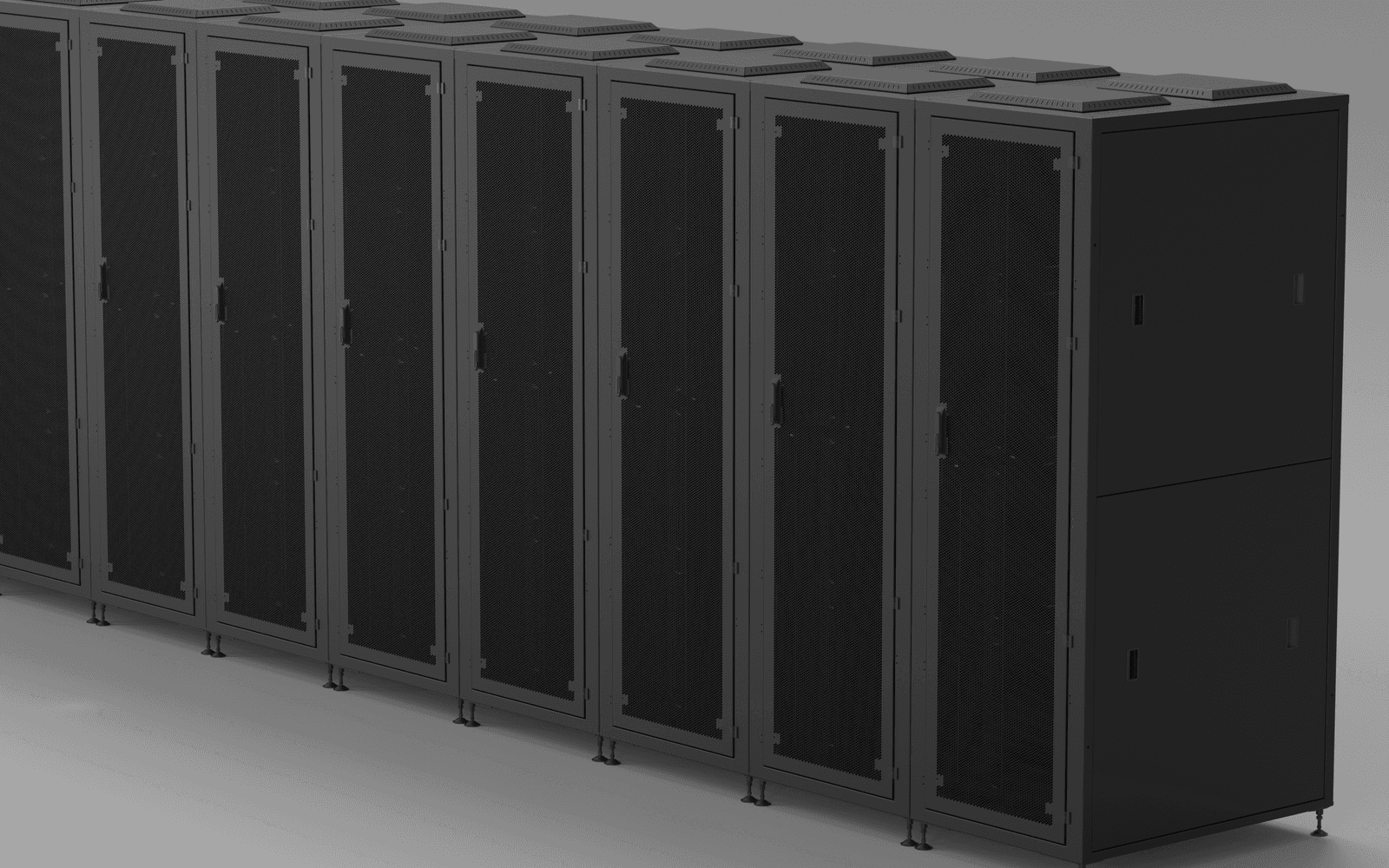 Row of bayed Wenvex data-center cabinets configured as a colocation deployment.